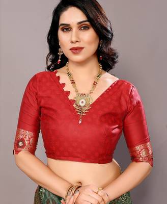 green silk blend banarasi saree with blouse  5
