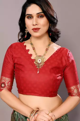 green silk blend banarasi saree with blouse 