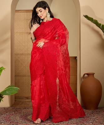 Women's red organza embroidered saree with unstitched blouse piece 1