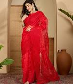 Women's red  organza embroidered saree with unstitched blouse piece