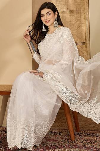 Women's white organza embroidered saree with unstitched blouse piece