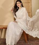 Women's white organza embroidered saree with unstitched blouse piece