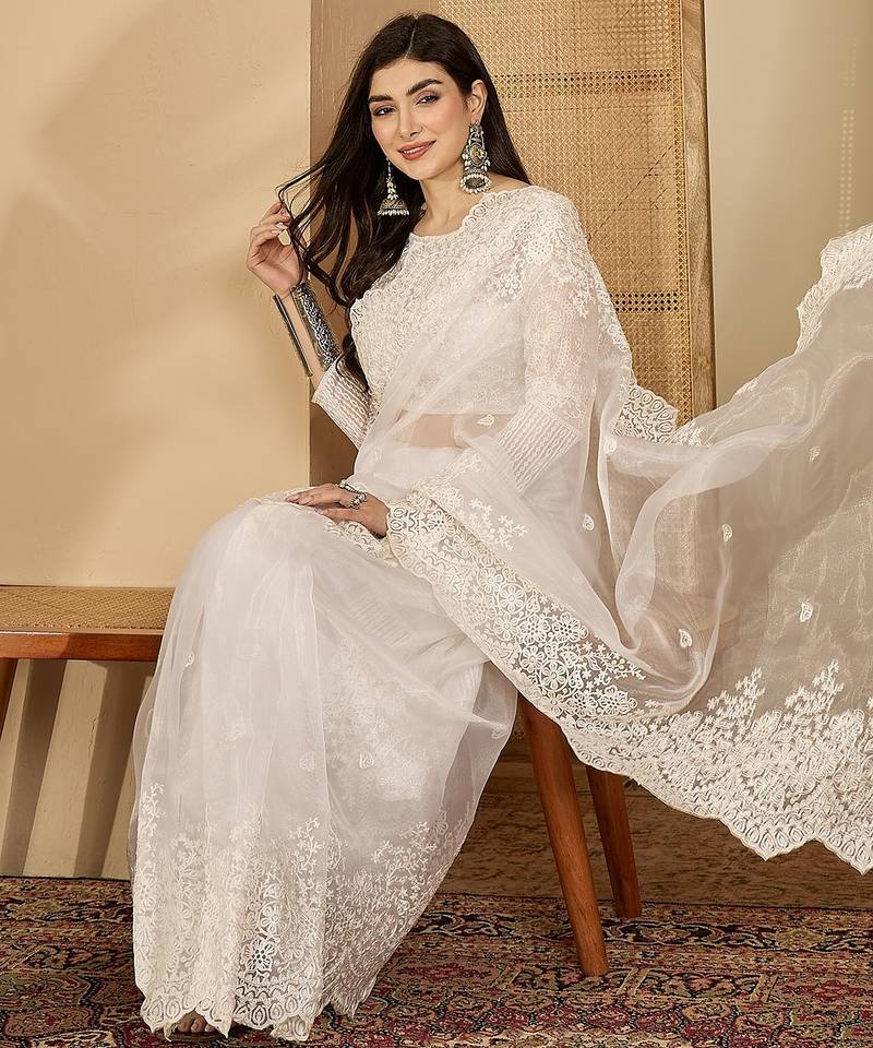 Women's white organza embroidered saree with unstitched blouse piece
