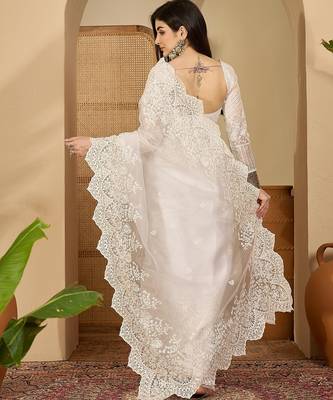 Women's white organza embroidered saree with unstitched blouse piece 2