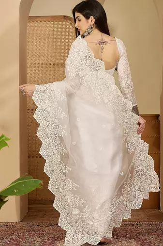 Women's white organza embroidered saree with unstitched blouse piece