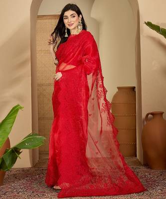 Women's red organza embroidered saree with unstitched blouse piece 3