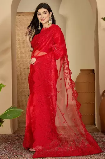 Women's red  organza embroidered saree with unstitched blouse piece