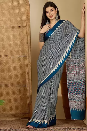 Women's teal satin printed saree with unstitched blouse piece