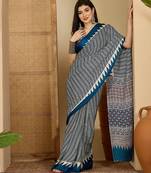 Women's teal satin printed saree with unstitched blouse piece