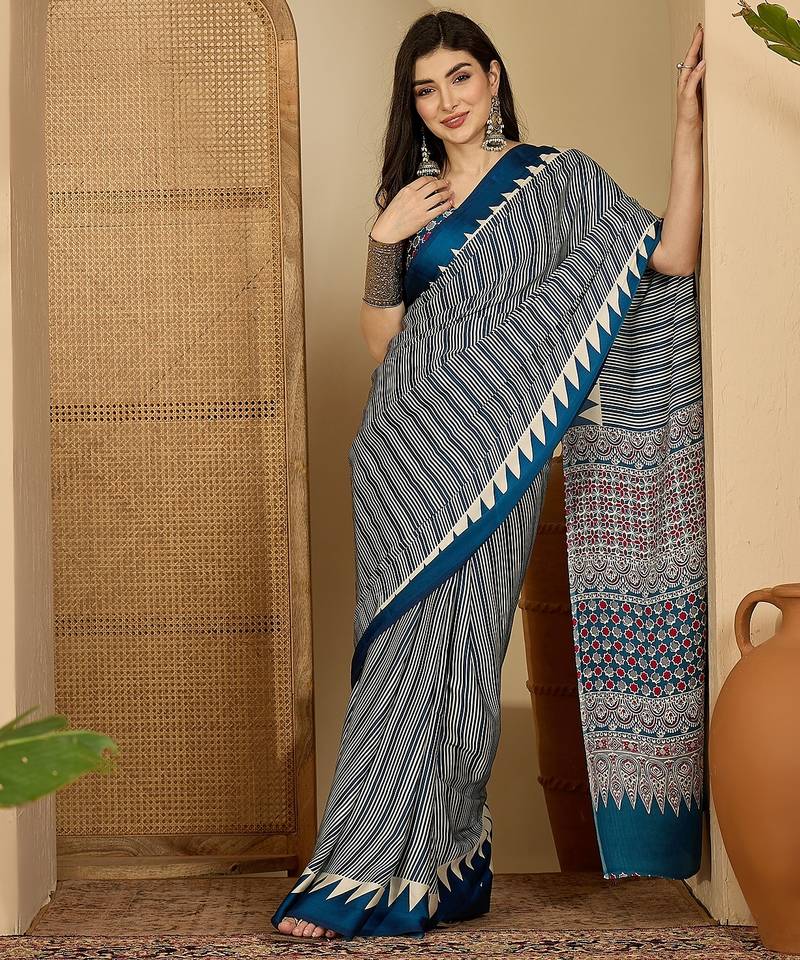 Women's teal satin printed saree with unstitched blouse piece