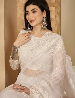 Women's white organza embroidered saree with unstitched blouse piece 3