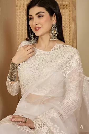 Women's white organza embroidered saree with unstitched blouse piece