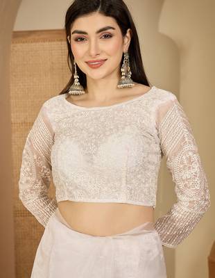 Women's white organza embroidered saree with unstitched blouse piece 4