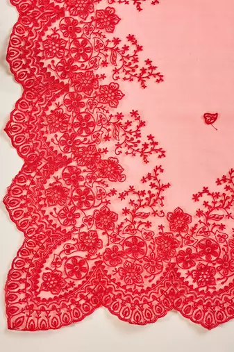 Women's red  organza embroidered saree with unstitched blouse piece