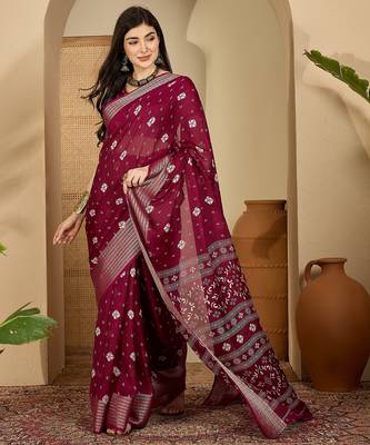 Women's wine chiffon bandhani saree with unstitched blouse piece 1
