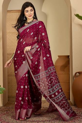 Women's wine chiffon bandhani saree with unstitched blouse piece