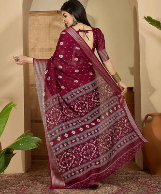 Women's wine chiffon bandhani saree with unstitched blouse piece 2