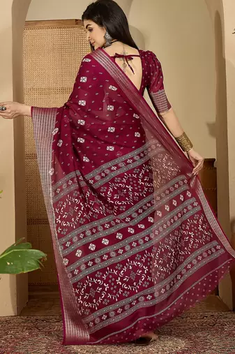 Women's wine chiffon bandhani saree with unstitched blouse piece