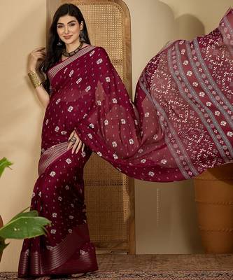 Women's wine chiffon bandhani saree with unstitched blouse piece 3