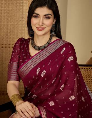 Women's wine chiffon bandhani saree with unstitched blouse piece 4