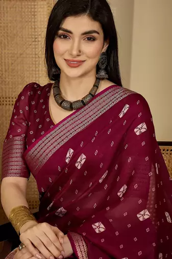 Women's wine chiffon bandhani saree with unstitched blouse piece