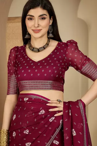 Women's wine chiffon bandhani saree with unstitched blouse piece
