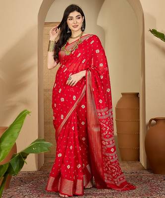 Women's red chiffon bandhani saree with unstitched blouse piece 1