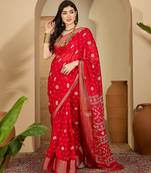 Women's red  chiffon bandhani saree with unstitched blouse piece