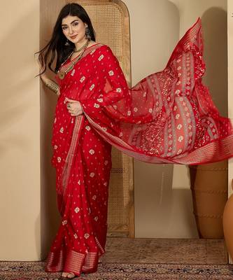 Women's red chiffon bandhani saree with unstitched blouse piece 2