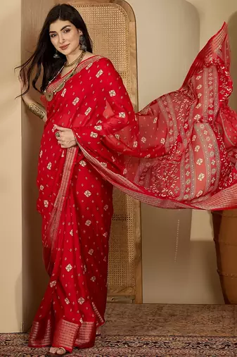 Women's red  chiffon bandhani saree with unstitched blouse piece