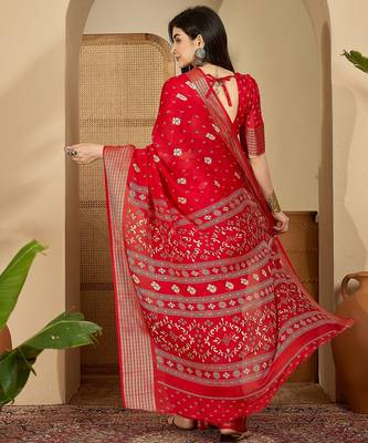 Women's red chiffon bandhani saree with unstitched blouse piece 3