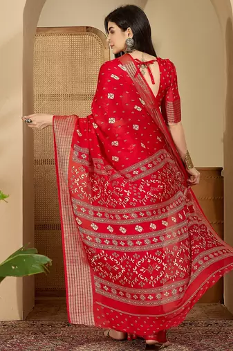 Women's red  chiffon bandhani saree with unstitched blouse piece