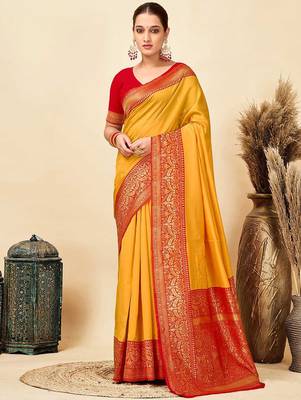 yellow silk blend banarasi saree with blouse  1
