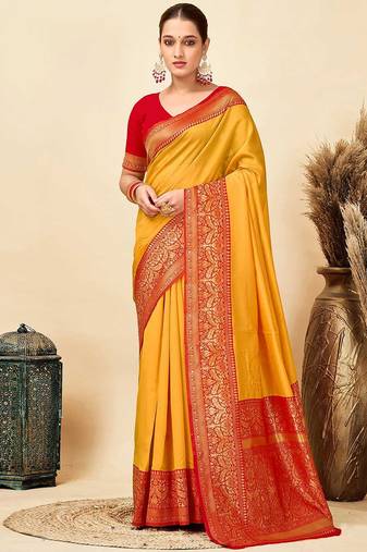 yellow soft art silk banarasi saree with blouse 