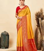 yellow soft art silk banarasi saree with blouse 