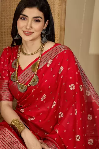 Women's red  chiffon bandhani saree with unstitched blouse piece