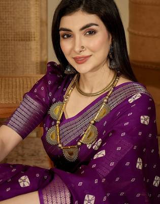 Women's purple chiffon bandhani saree with unstitched blouse piece 2