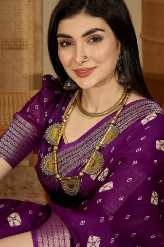 Women's purple chiffon bandhani saree with unstitched blouse piece
