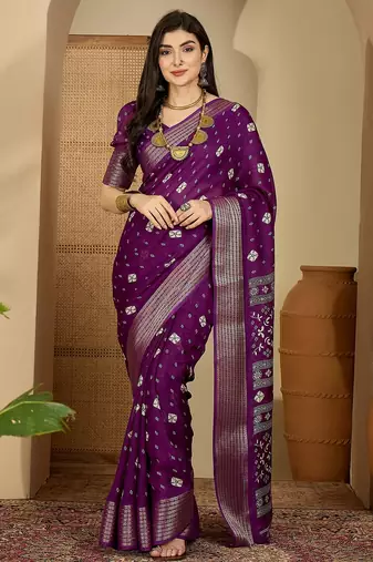 Women's purple chiffon bandhani saree with unstitched blouse piece