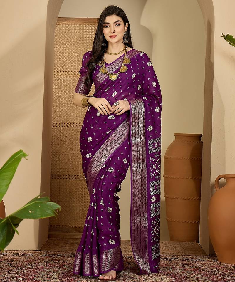 Women's purple chiffon bandhani saree with unstitched blouse piece