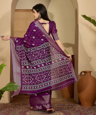 Women's purple chiffon bandhani saree with unstitched blouse piece 3