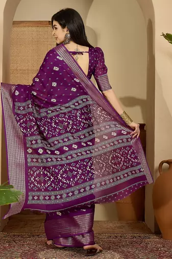 Women's purple chiffon bandhani saree with unstitched blouse piece