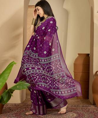 Women's purple chiffon bandhani saree with unstitched blouse piece 4