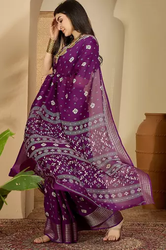 Women's purple chiffon bandhani saree with unstitched blouse piece