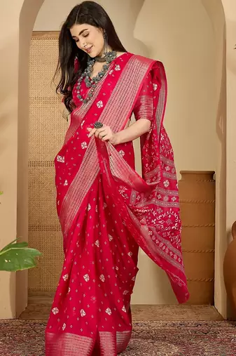 Women's rani  chiffon bandhani saree with unstitched blouse piece