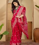 Women's rani  chiffon bandhani saree with unstitched blouse piece