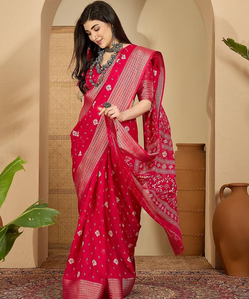 Women's rani  chiffon bandhani saree with unstitched blouse piece