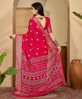 Women's rani chiffon bandhani saree with unstitched blouse piece 3