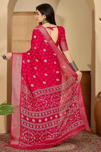 Women's rani  chiffon bandhani saree with unstitched blouse piece