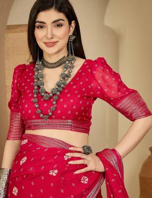 Women's rani chiffon bandhani saree with unstitched blouse piece 5